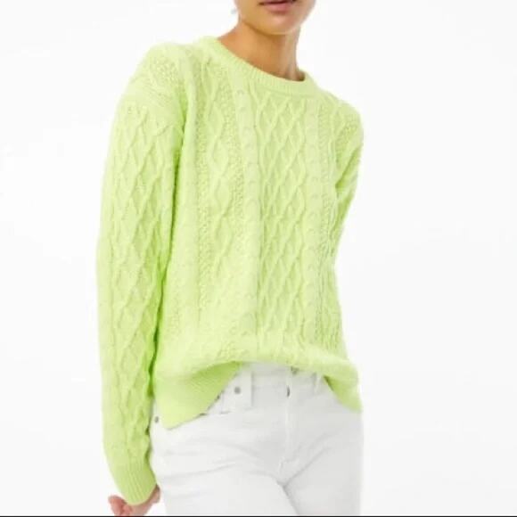 J. Crew Sweaters - J. Crew Crewneck Cable Long Sleeve Cotton Sweater Neon Green Yellow Large
